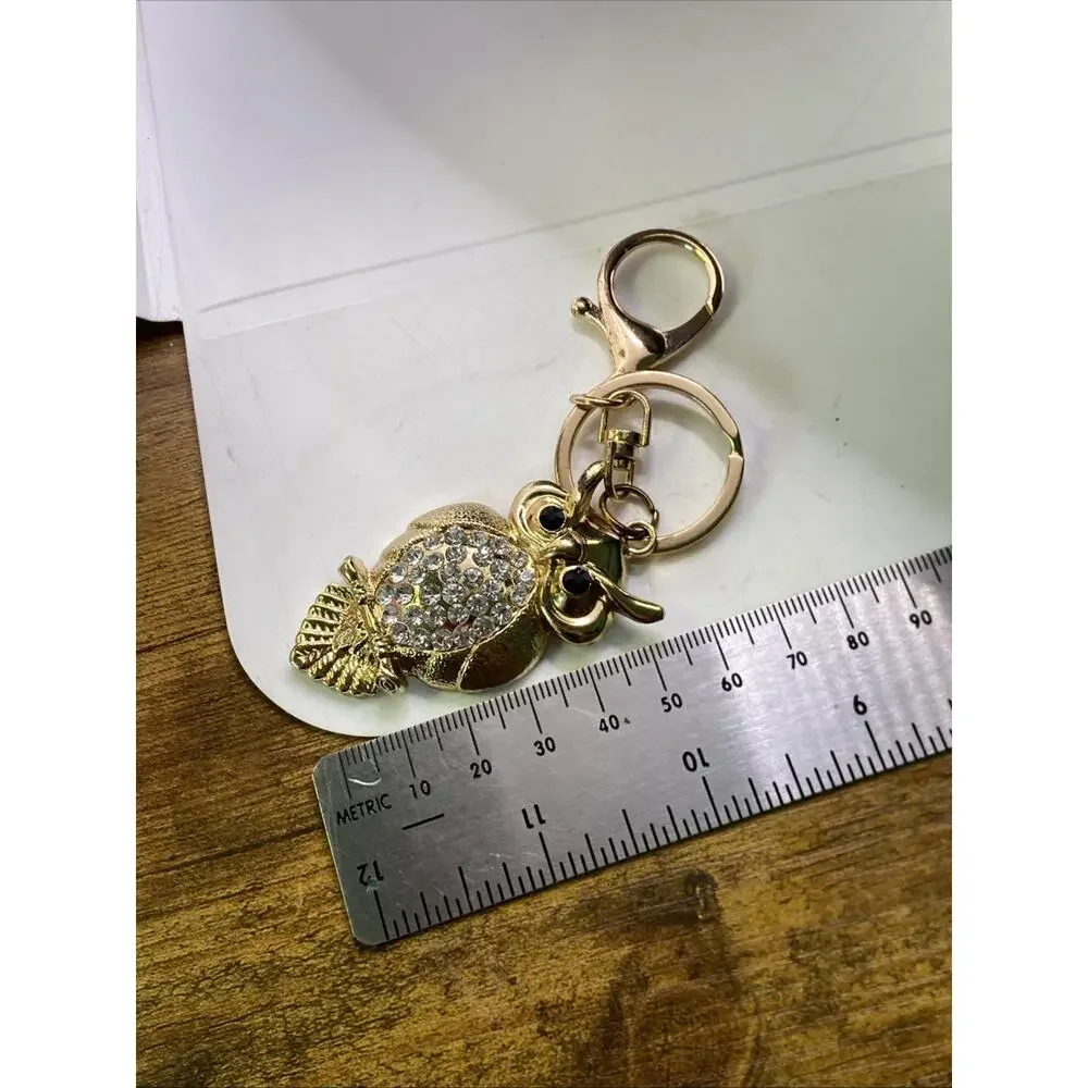 Womens Gold Tone Owl Key Chain Rhinestone Vintage